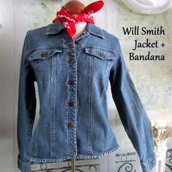 DENIM JACKET, L, + RED BANDANA SCARF, WILL SMITH WOMEN'S BLUE JEAN STRETCH COAT - Picture 1 of 7